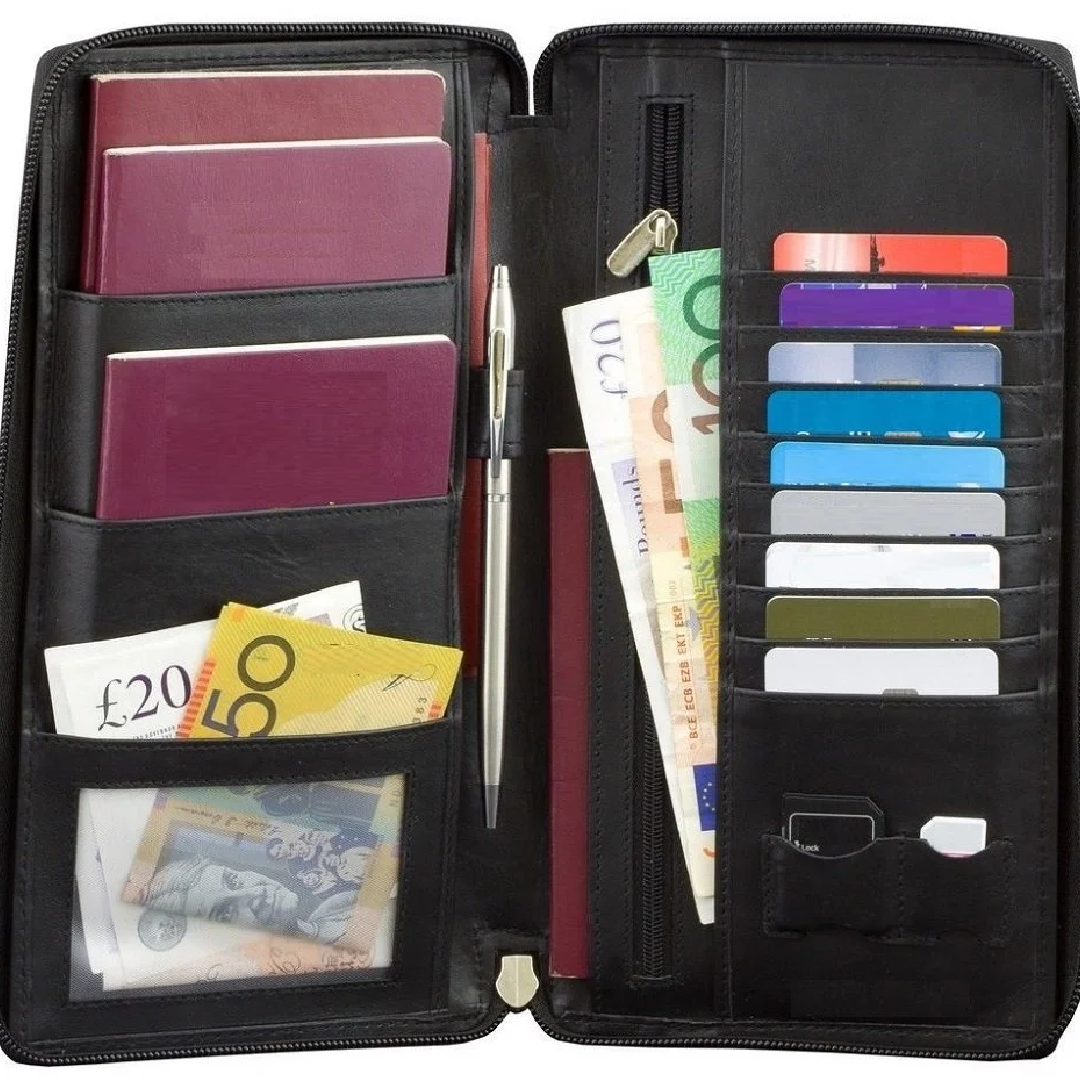 Black Leather Travel Wallet - Large Capacity & Stylish