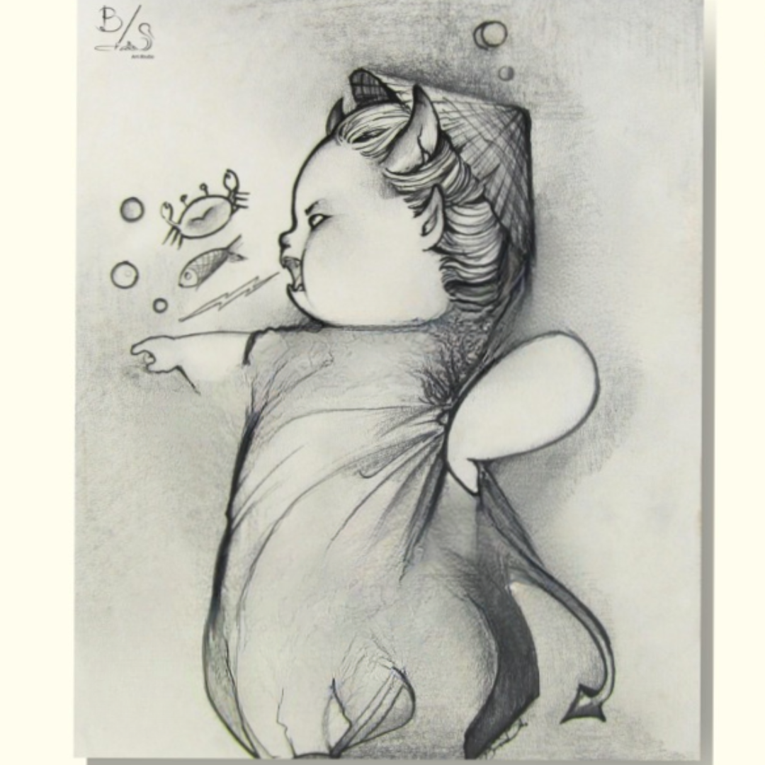 Shrimp Seller Original Drawing at Fish Market.