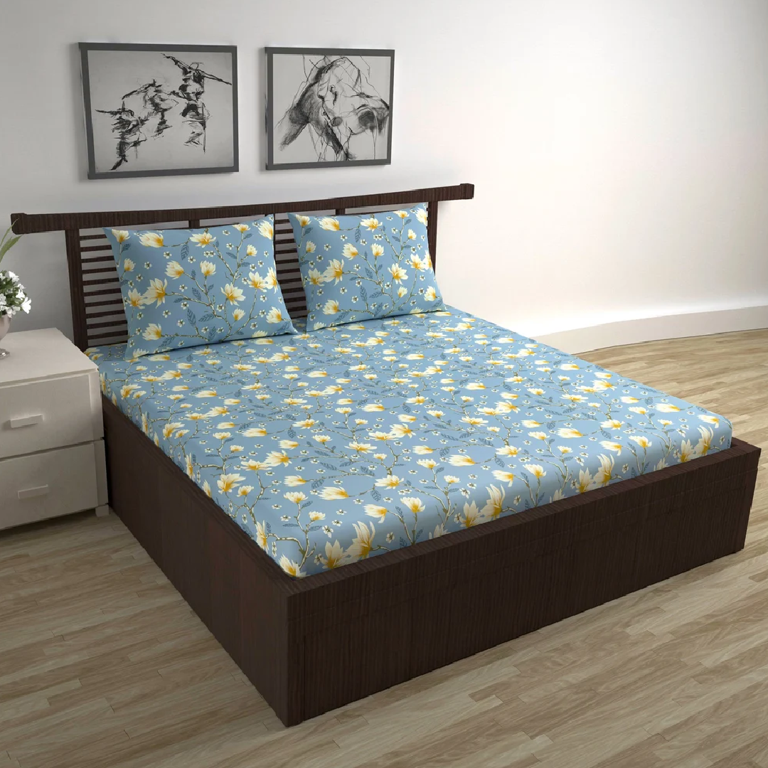 Floral Print Cotton Double Bed Sheet with Pillow Covers – Soft & Elegant Bedding