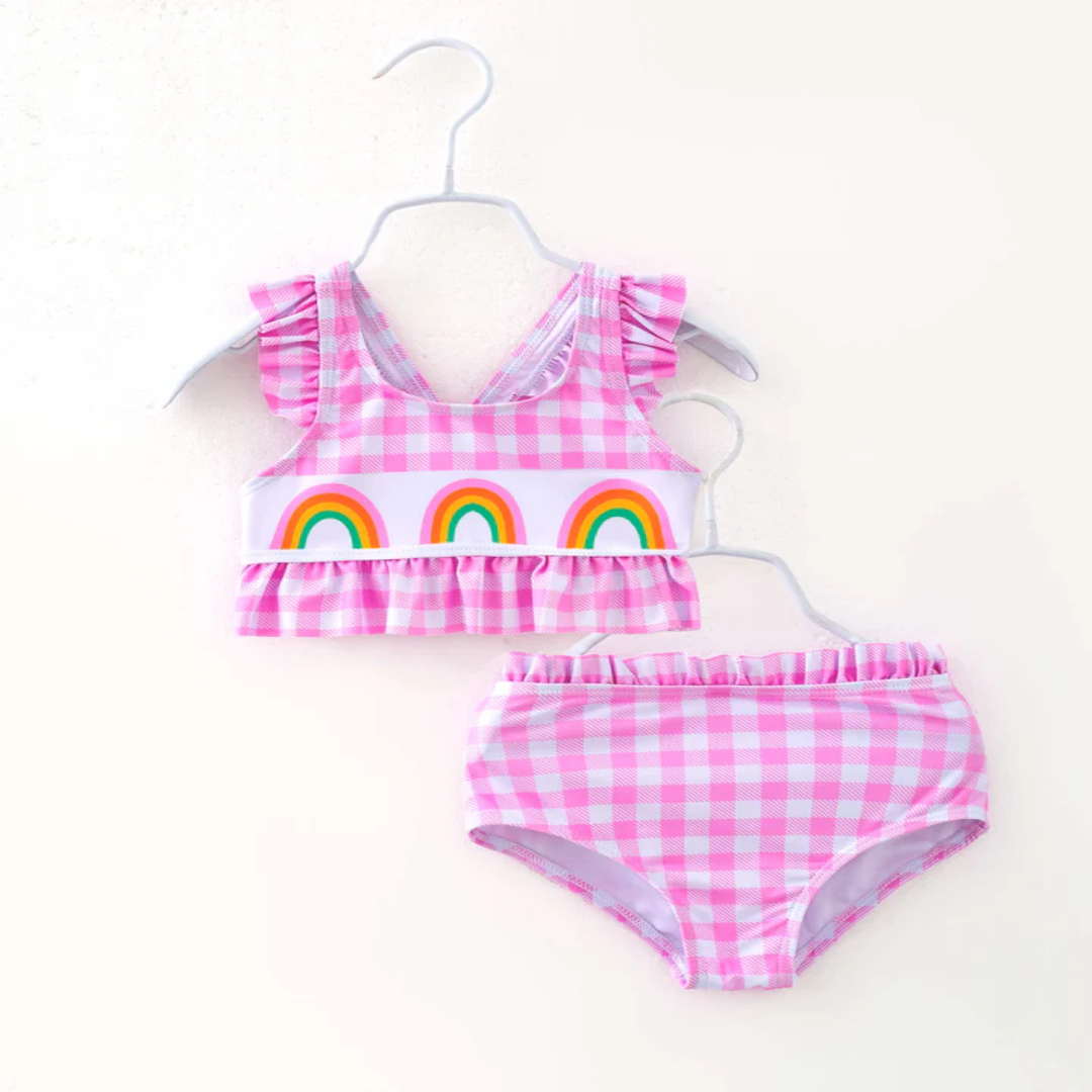 Girls Pink Checkered Rainbow Ruffle Bikini Swimsuit | Kids Swimwear Supplier USA