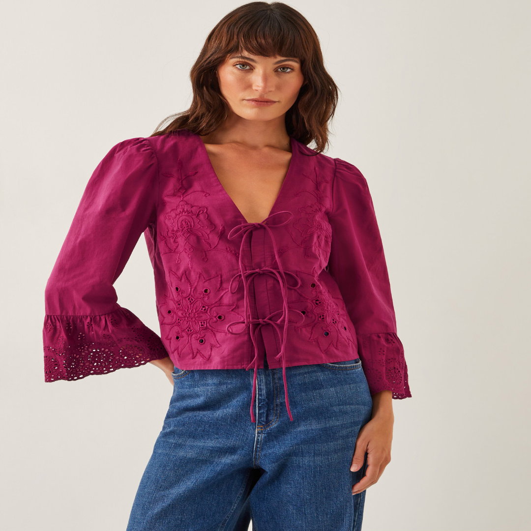 Supplier Saoirse Tie Blouse – White Broderie Cotton Shirt | UK Supplier