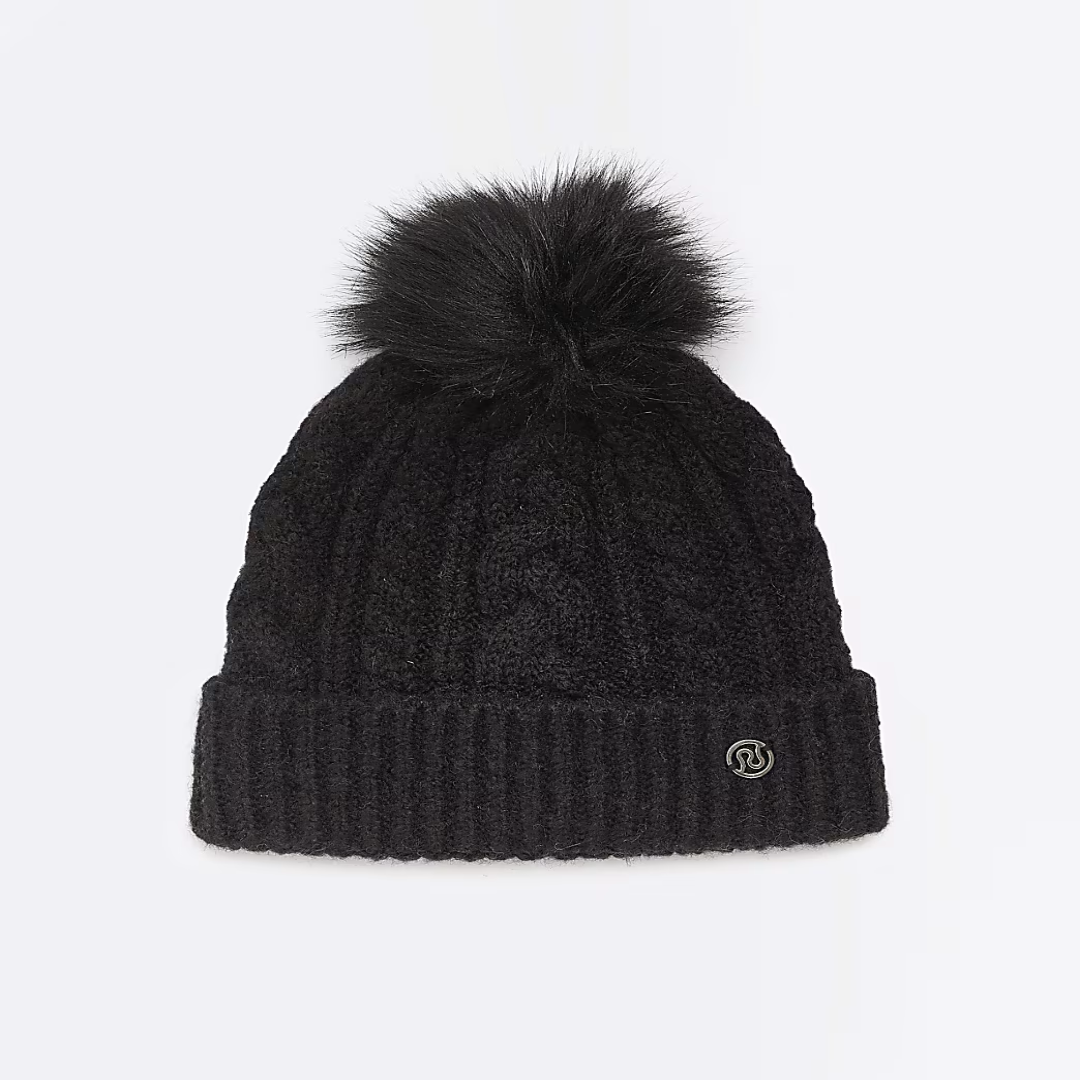 Black Pom Pom Cable Knit Beanie Hat – Winter Warmth | UK Wholesale