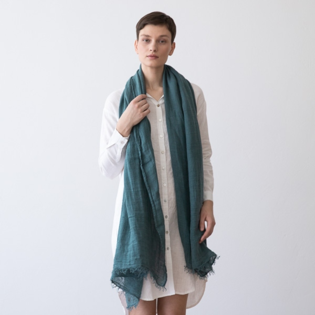 Balsam Green Linen Shawl Scarf Garza Fringe Design