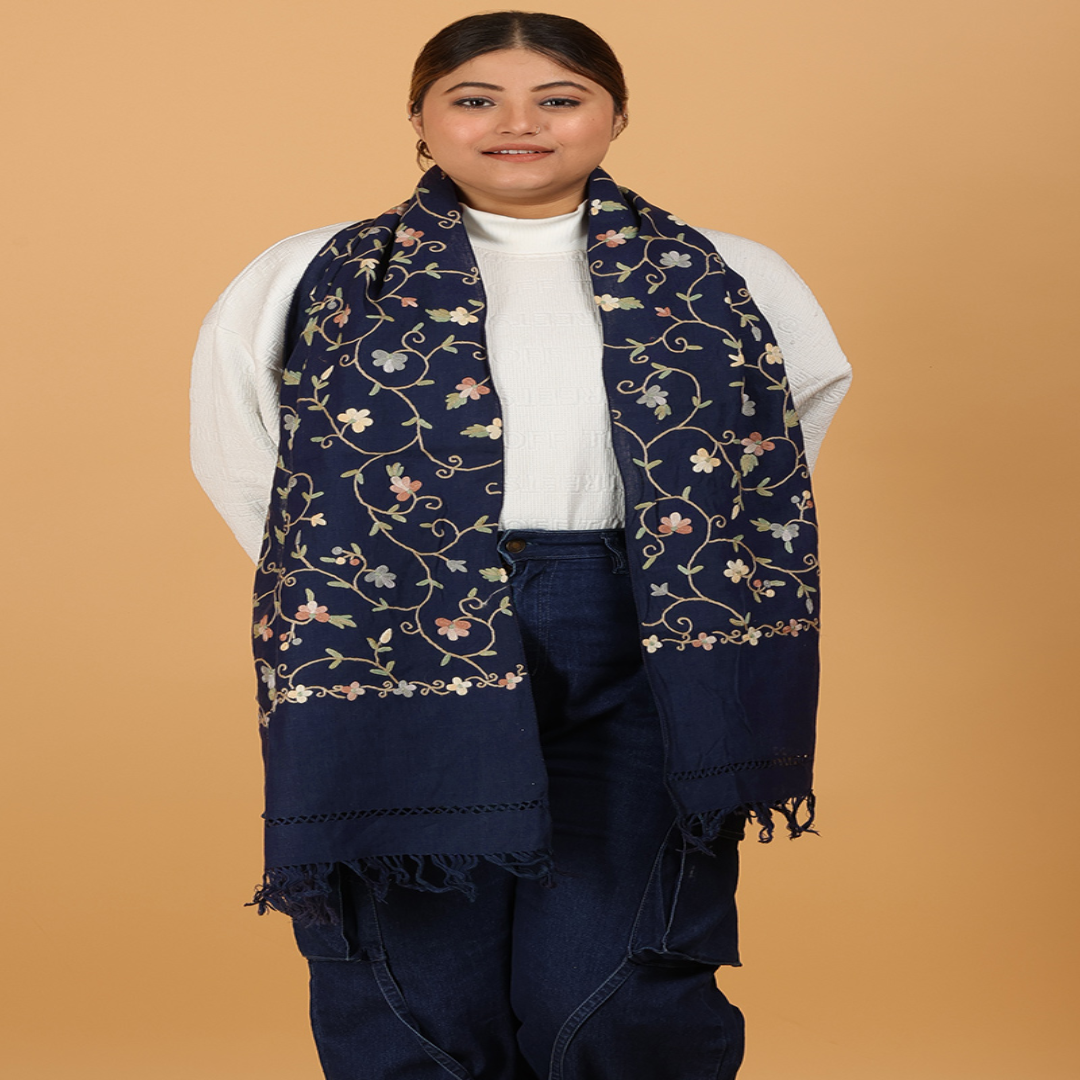 Buy Indigo Blue Linen Embroidered Scarves Online