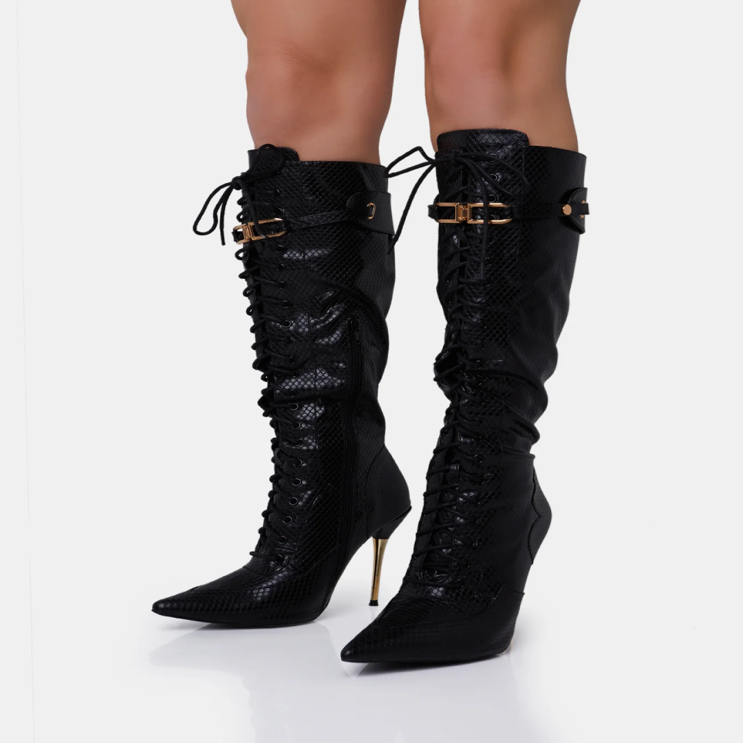 Infatuated Black Croc Lace Up Stiletto Knee High Boots