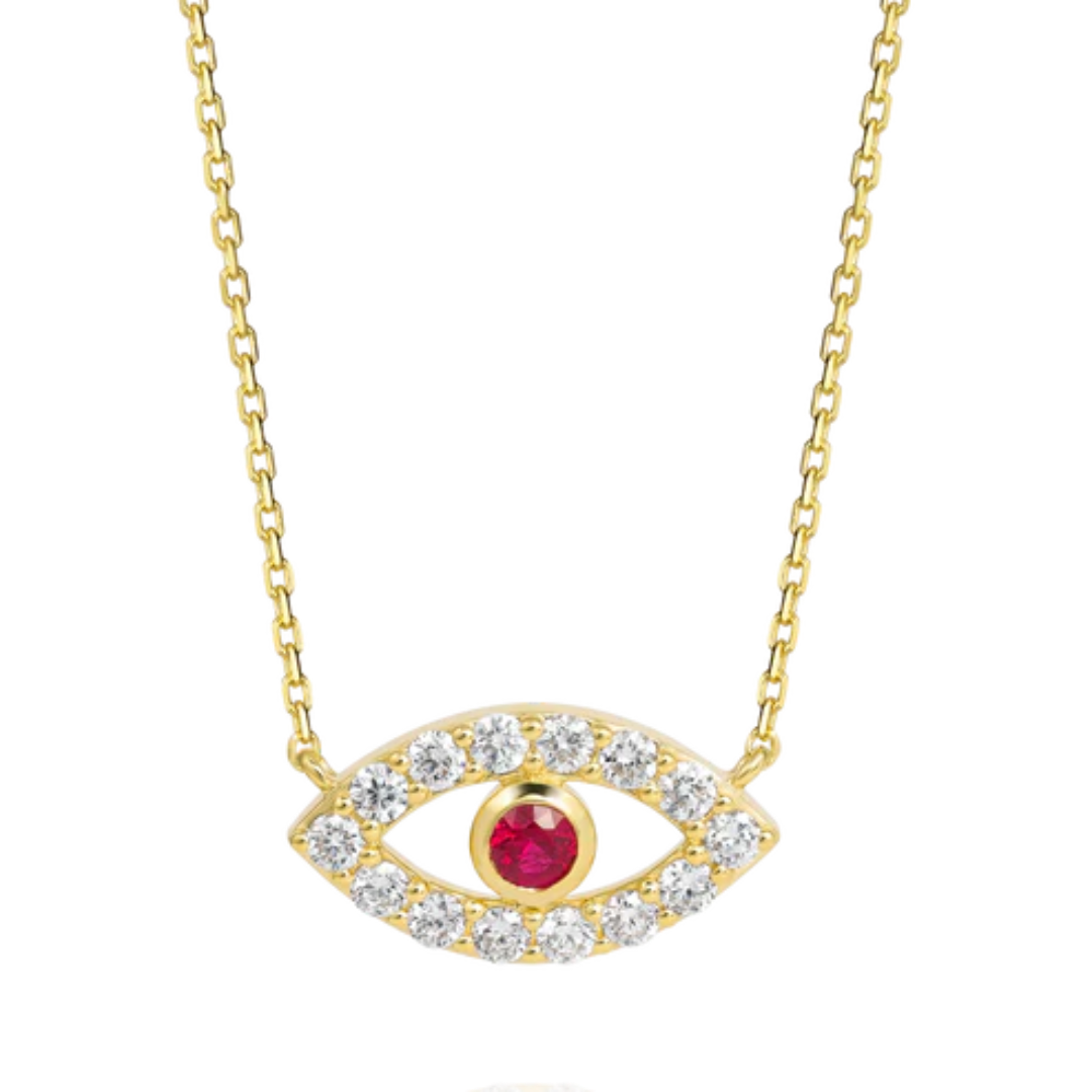 Round Evil Eye Red Ruby Necklace Yellow Gold