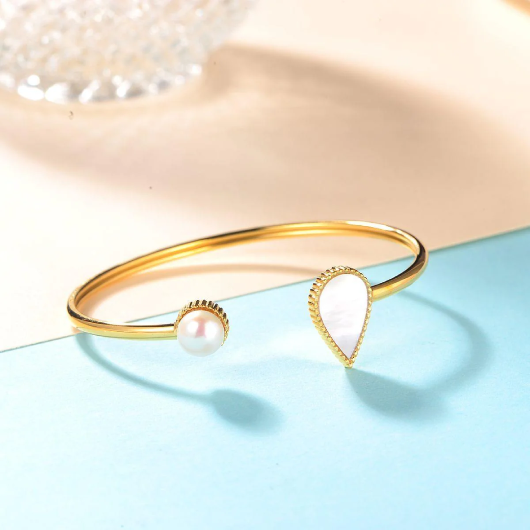 Gold Drop Bangle With Pearl Accents