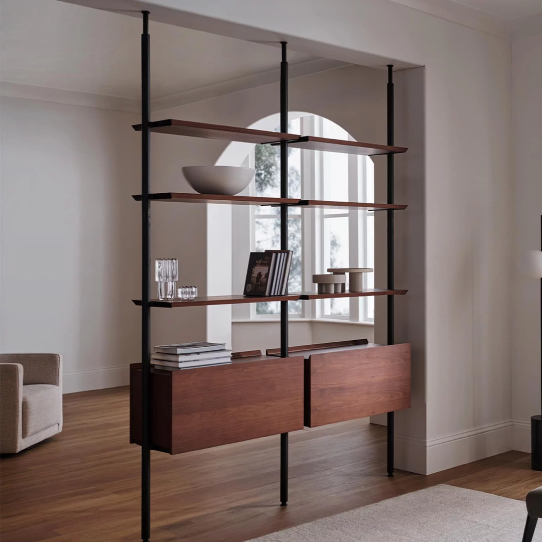 Vertio Wall-Mounted Bookshelves With Fold-Down Cabinets