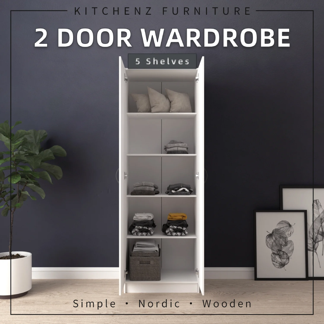 2Ft 2 Door Free Standing Wardrobe With 5 Shelves Storage
