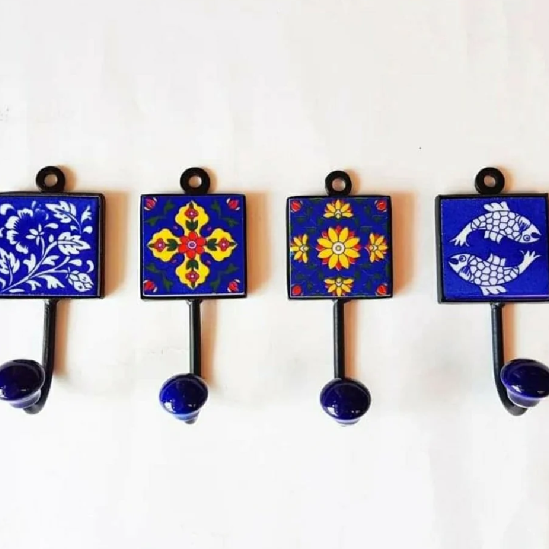 Handmade Screen Print Tile RN Blue Pottery Ceramic Hanger