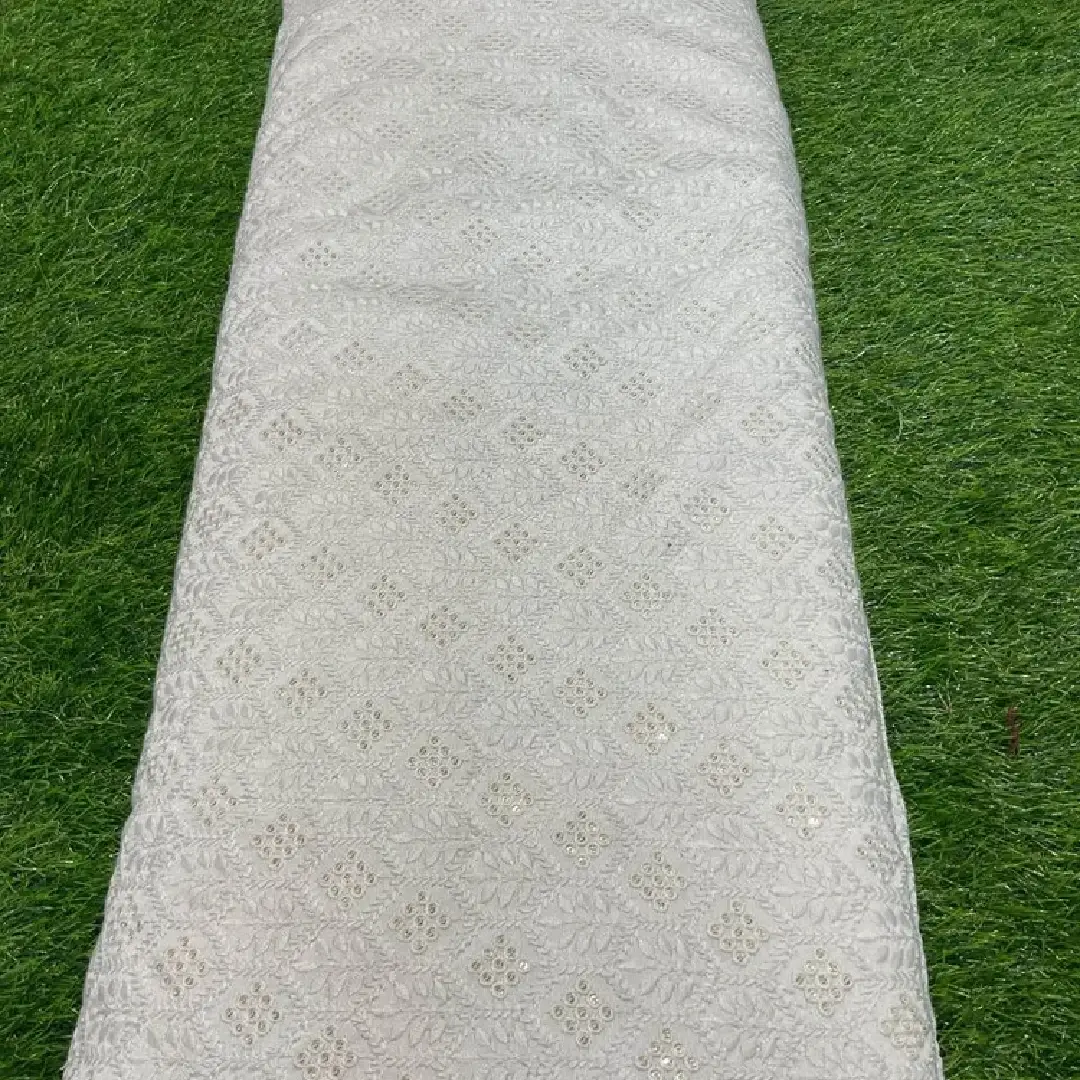 White Embroidery Fabric Luxurious Sherwani Material