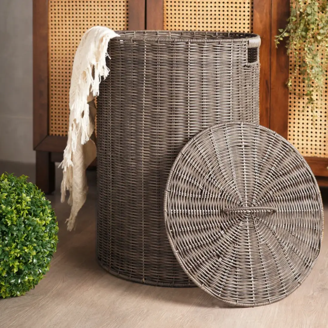 50L Brown Resin Wicker Laundry Basket with Lid | USA Supplier of Laundry Organizers